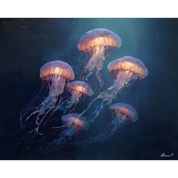 bold, hidden, vision, jellyfish, palette knife, oil painting, impasto, thick paint, textured surface, expressive art, painterly style, material depth, visual rhythm, hand painted, layered pigment, atmospheric, fine art, contemporary painting