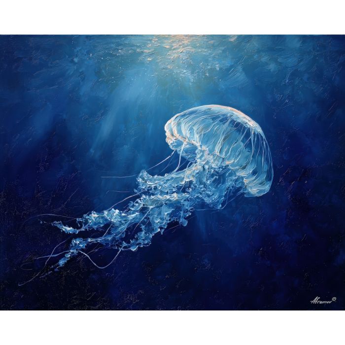 dense, calm, interval, jellyfish, palette knife, oil painting, impasto, thick paint, textured surface, expressive art, painterly style, material depth, visual rhythm, hand painted, layered pigment, atmospheric, fine art, contemporary painting