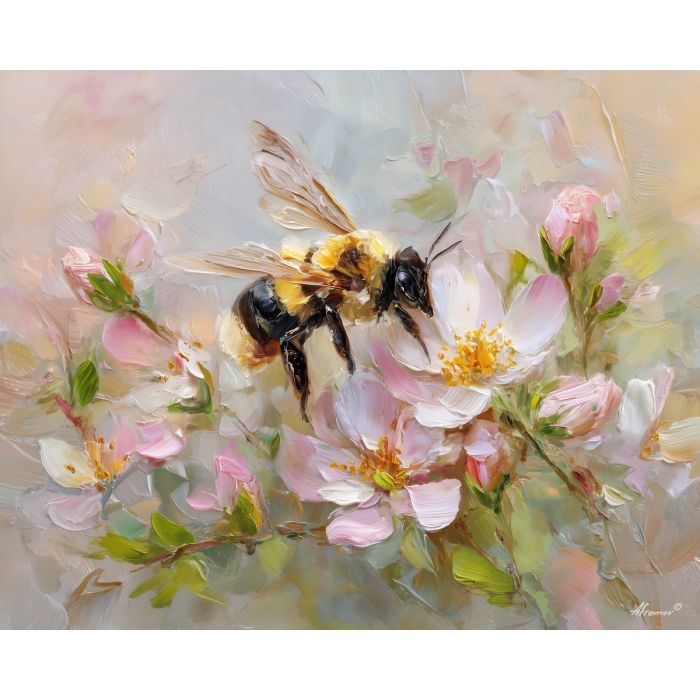 gentle, state, bee, palette knife, oil painting, impasto, thick paint, textured surface, expressive art, painterly style, material depth, visual rhythm, hand painted, layered pigment, atmospheric, fine art, contemporary painting