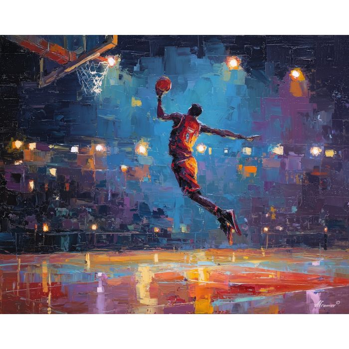 loose, depth, basketball, palette knife, oil painting, impasto, thick paint, textured surface, expressive art, painterly style, material depth, visual rhythm, hand painted, layered pigment, atmospheric, fine art, contemporary painting