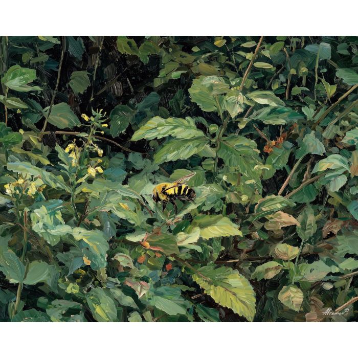 low, shape, bee, palette knife, oil painting, impasto, thick paint, textured surface, expressive art, painterly style, material depth, visual rhythm, hand painted, layered pigment, atmospheric, fine art, contemporary painting