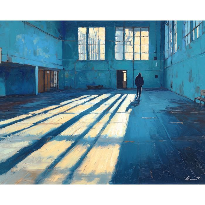 floating, figure, basketball, palette knife, oil painting, impasto, thick paint, textured surface, expressive art, painterly style, material depth, visual rhythm, hand painted, layered pigment, atmospheric, fine art, contemporary painting