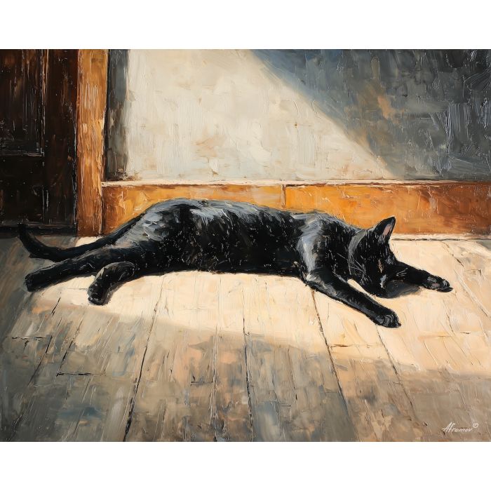 strange, hidden, moment, black cat, palette knife, oil painting, impasto, thick paint, textured surface, expressive art, painterly style, material depth, visual rhythm, hand painted, layered pigment, atmospheric, fine art, contemporary painting