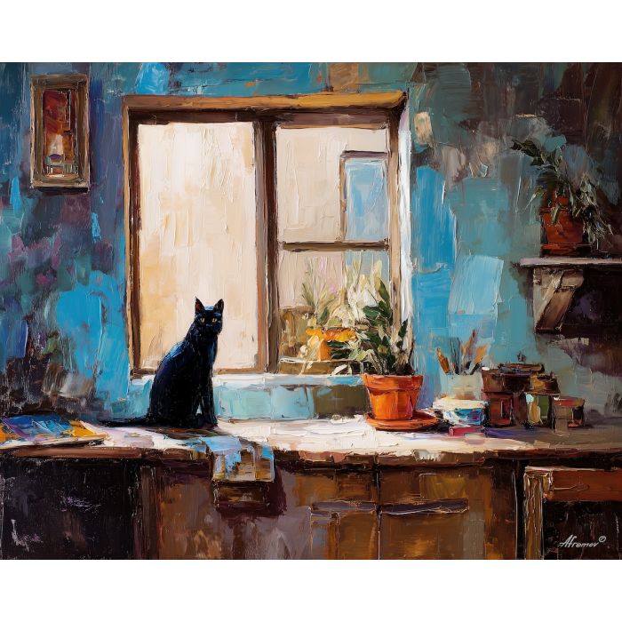 silent, heavy, pattern, black cat, palette knife, oil painting, impasto, thick paint, textured surface, expressive art, painterly style, material depth, visual rhythm, hand painted, layered pigment, atmospheric, fine art, contemporary painting