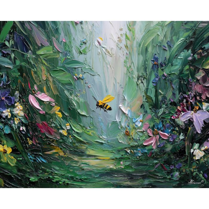 drifting, soft, frame, bee, palette knife, oil painting, impasto, thick paint, textured surface, expressive art, painterly style, material depth, visual rhythm, hand painted, layered pigment, atmospheric, fine art, contemporary painting