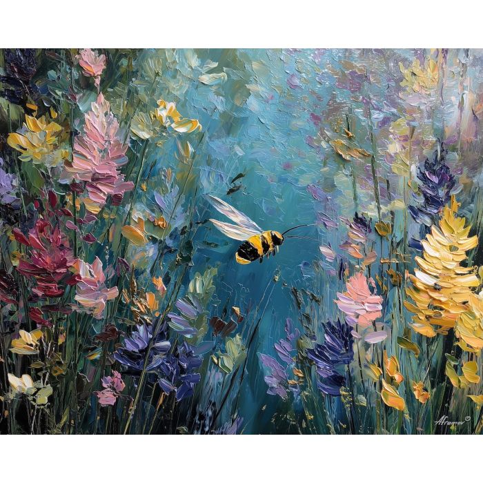 loose, plane, bee, palette knife, oil painting, impasto, thick paint, textured surface, expressive art, painterly style, material depth, visual rhythm, hand painted, layered pigment, atmospheric, fine art, contemporary painting
