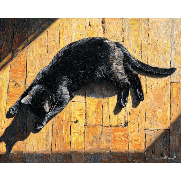calm, outline, black cat, palette knife, oil painting, impasto, thick paint, textured surface, expressive art, painterly style, material depth, visual rhythm, hand painted, layered pigment, atmospheric, fine art, contemporary painting