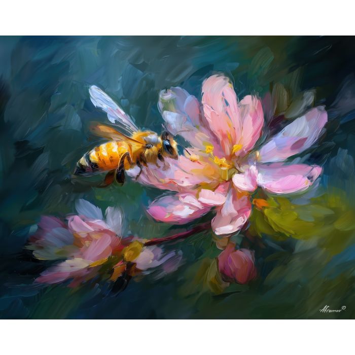 focused, playful, outline, bee, palette knife, oil painting, impasto, thick paint, textured surface, expressive art, painterly style, material depth, visual rhythm, hand painted, layered pigment, atmospheric, fine art, contemporary painting