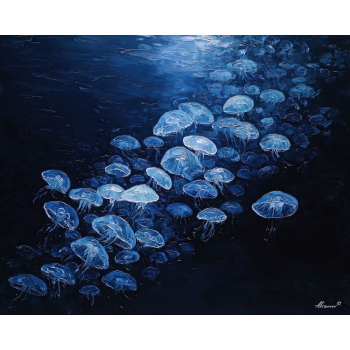 dense, contour, jellyfish, palette knife, oil painting, impasto, thick paint, textured surface, expressive art, painterly style, material depth, visual rhythm, hand painted, layered pigment, atmospheric, fine art, contemporary painting