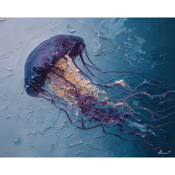 soft, gesture, jellyfish, palette knife, oil painting, impasto, thick paint, textured surface, expressive art, painterly style, material depth, visual rhythm, hand painted, layered pigment, atmospheric, fine art, contemporary painting
