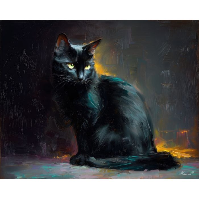 moody, shift, black cat, palette knife, oil painting, impasto, thick paint, textured surface, expressive art, painterly style, material depth, visual rhythm, hand painted, layered pigment, atmospheric, fine art, contemporary painting