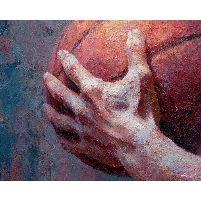 dense, focus, basketball, palette knife, oil painting, impasto, thick paint, textured surface, expressive art, painterly style, material depth, visual rhythm, hand painted, layered pigment, atmospheric, fine art, contemporary painting