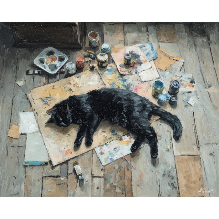 tense, calm, frame, black cat, palette knife, oil painting, impasto, thick paint, textured surface, expressive art, painterly style, material depth, visual rhythm, hand painted, layered pigment, atmospheric, fine art, contemporary painting