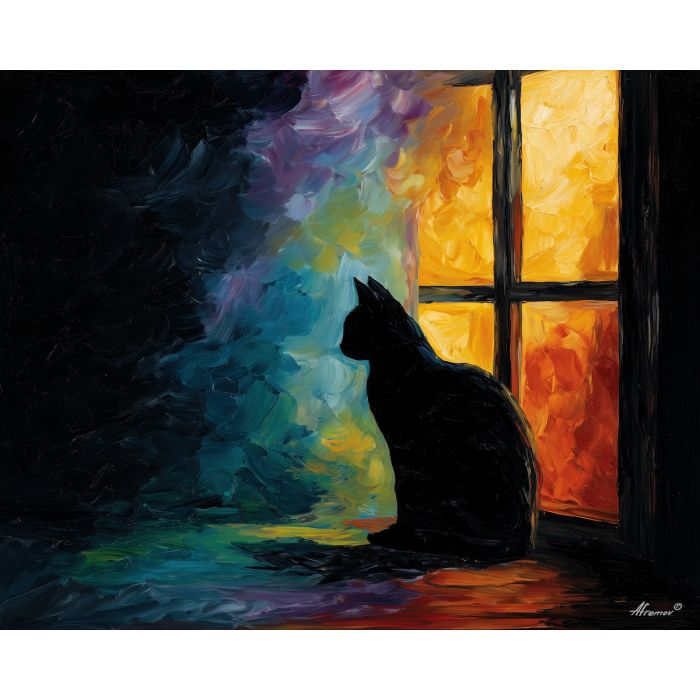 odd, motion, black cat, palette knife, oil painting, impasto, thick paint, textured surface, expressive art, painterly style, material depth, visual rhythm, hand painted, layered pigment, atmospheric, fine art, contemporary painting