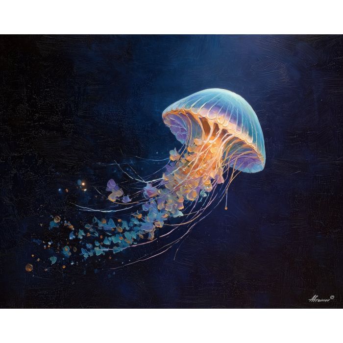 calm, plane, jellyfish, palette knife, oil painting, impasto, thick paint, textured surface, expressive art, painterly style, material depth, visual rhythm, hand painted, layered pigment, atmospheric, fine art, contemporary painting