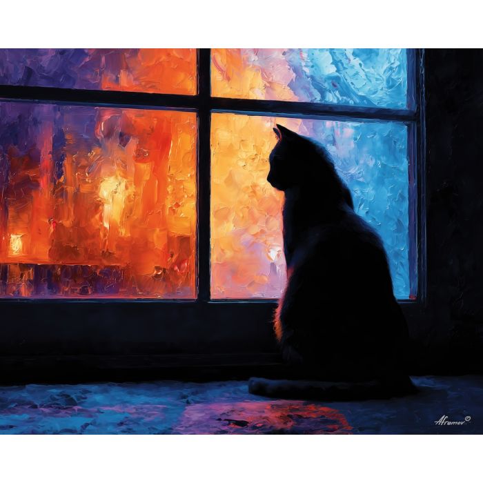 quiet, vivid, focus, black cat, palette knife, oil painting, impasto, thick paint, textured surface, expressive art, painterly style, material depth, visual rhythm, hand painted, layered pigment, atmospheric, fine art, contemporary painting