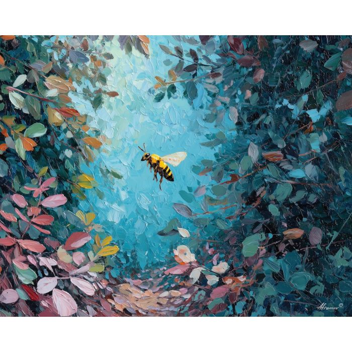 tense, drifting, scene, bee, palette knife, oil painting, impasto, thick paint, textured surface, expressive art, painterly style, material depth, visual rhythm, hand painted, layered pigment, atmospheric, fine art, contemporary painting