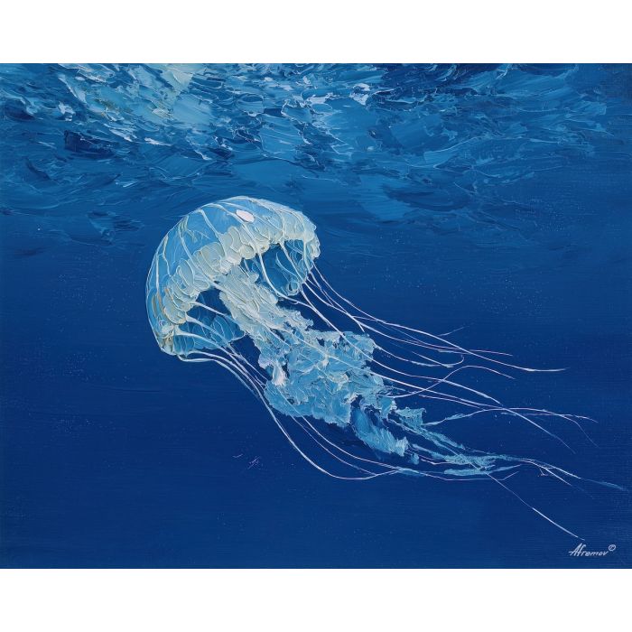 hidden, subtle, frame, jellyfish, palette knife, oil painting, impasto, thick paint, textured surface, expressive art, painterly style, material depth, visual rhythm, hand painted, layered pigment, atmospheric, fine art, contemporary painting