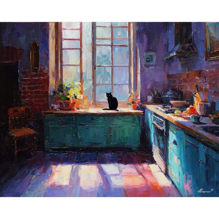 hidden, interval, black cat, palette knife, oil painting, impasto, thick paint, textured surface, expressive art, painterly style, material depth, visual rhythm, hand painted, layered pigment, atmospheric, fine art, contemporary painting