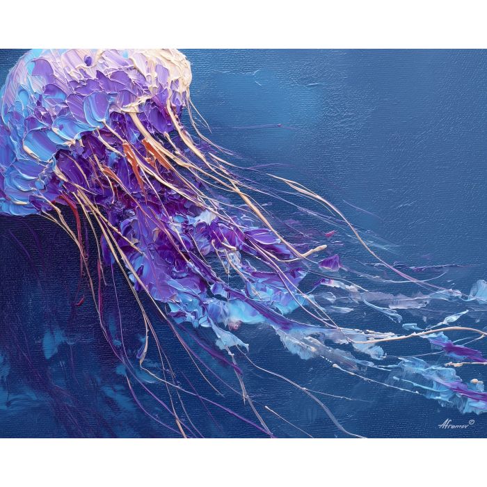 strange, trace, jellyfish, palette knife, oil painting, impasto, thick paint, textured surface, expressive art, painterly style, material depth, visual rhythm, hand painted, layered pigment, atmospheric, fine art, contemporary painting