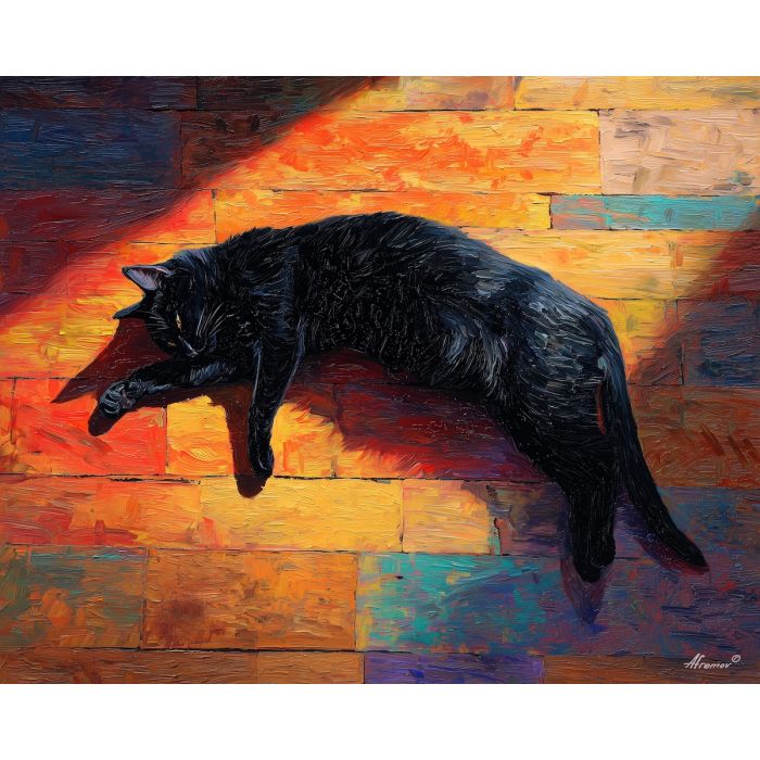 vivid, presence, black cat, palette knife, oil painting, impasto, thick paint, textured surface, expressive art, painterly style, material depth, visual rhythm, hand painted, layered pigment, atmospheric, fine art, contemporary painting