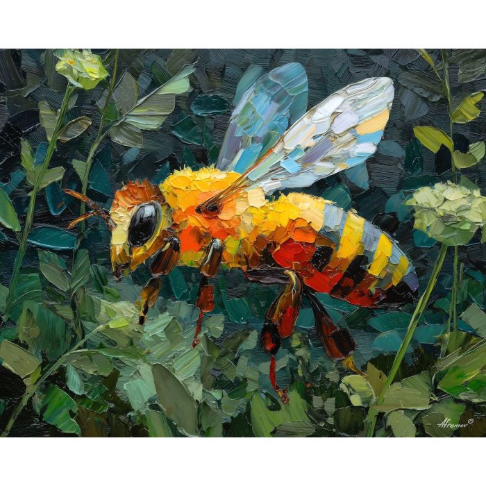 bold, motion, bee, palette knife, oil painting, impasto, thick paint, textured surface, expressive art, painterly style, material depth, visual rhythm, hand painted, layered pigment, atmospheric, fine art, contemporary painting