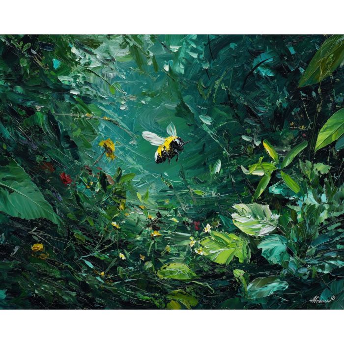 dense, rhythm, bee, palette knife, oil painting, impasto, thick paint, textured surface, expressive art, painterly style, material depth, visual rhythm, hand painted, layered pigment, atmospheric, fine art, contemporary painting