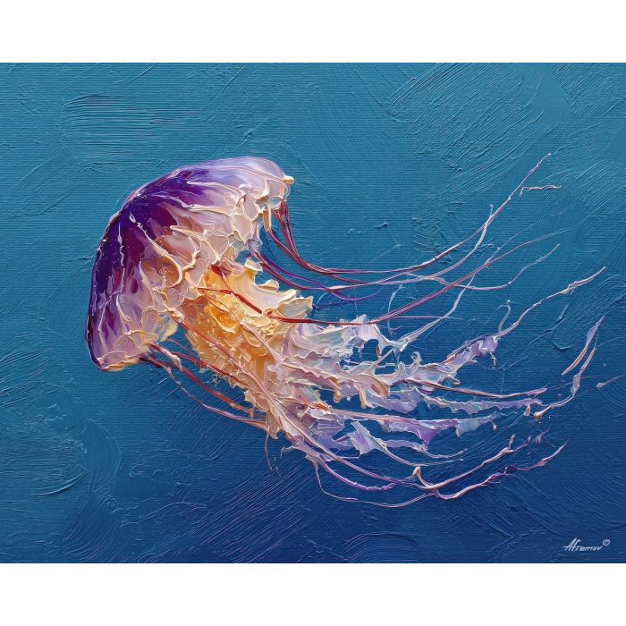 strange, gesture, jellyfish, palette knife, oil painting, impasto, thick paint, textured surface, expressive art, painterly style, material depth, visual rhythm, hand painted, layered pigment, atmospheric, fine art, contemporary painting