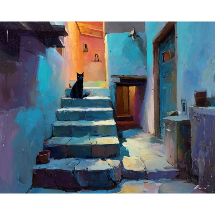 floating, interval, black cat, palette knife, oil painting, impasto, thick paint, textured surface, expressive art, painterly style, material depth, visual rhythm, hand painted, layered pigment, atmospheric, fine art, contemporary painting