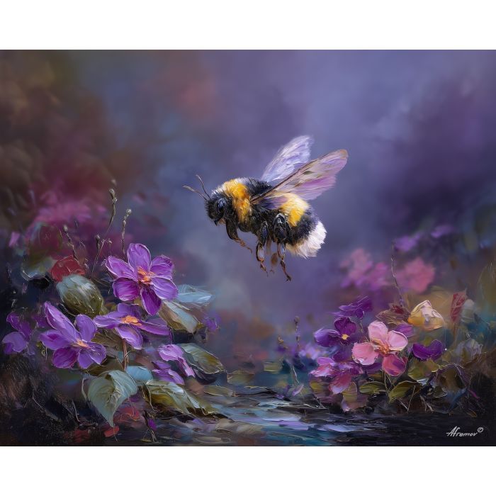 subtle, focus, bee, palette knife, oil painting, impasto, thick paint, textured surface, expressive art, painterly style, material depth, visual rhythm, hand painted, layered pigment, atmospheric, fine art, contemporary painting