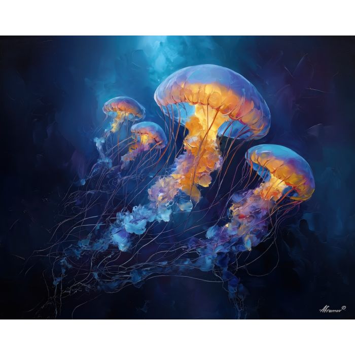 heavy, form, jellyfish, palette knife, oil painting, impasto, thick paint, textured surface, expressive art, painterly style, material depth, visual rhythm, hand painted, layered pigment, atmospheric, fine art, contemporary painting