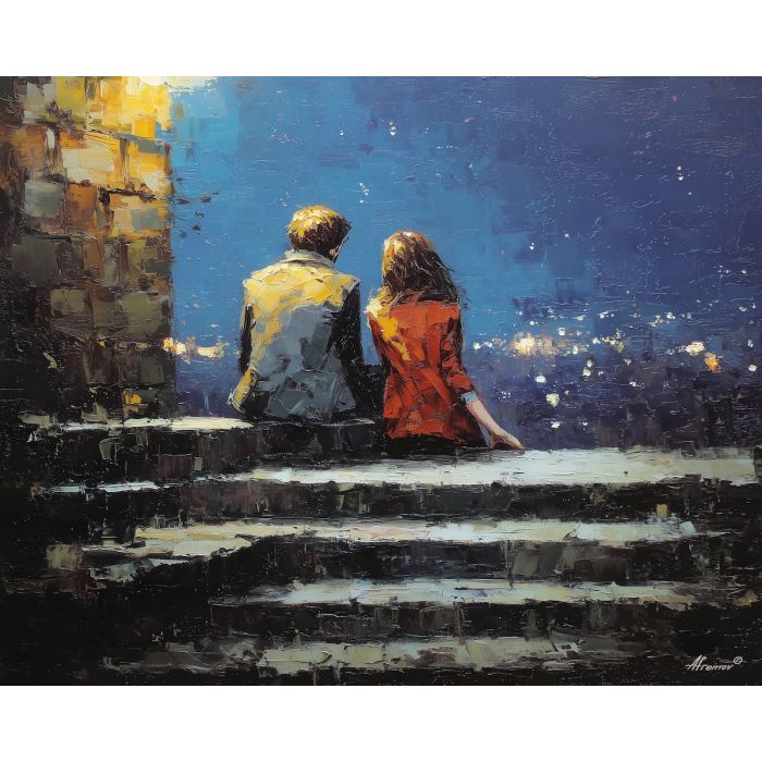 dark valentine,love theme,shadow couple,romantic silhouettes,palette knife,oil painting,impasto,thick paint,textured surface,moody art,intimacy,connection,faceless figures,night scene,emotional art,expressive surface,atmospheric painting,modern fine art