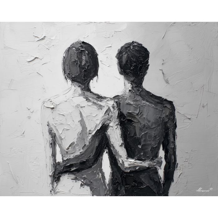 minimal valentine,love theme,faceless couple,abstract figures,palette knife,oil painting,impasto,thick paint,textured surface,minimal art,intimacy,togetherness,clean composition,modern painting,emotional restraint,visual simplicity,contemporary fine art