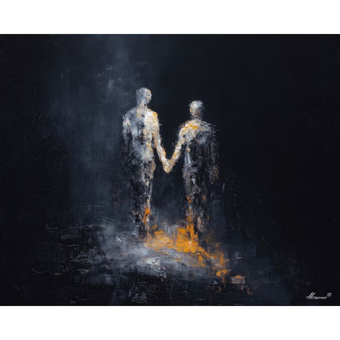 dark valentine,love theme,shadow couple,romantic silhouettes,palette knife,oil painting,impasto,thick paint,textured surface,moody art,intimacy,connection,faceless figures,night scene,emotional art,expressive surface,atmospheric painting,modern fine art