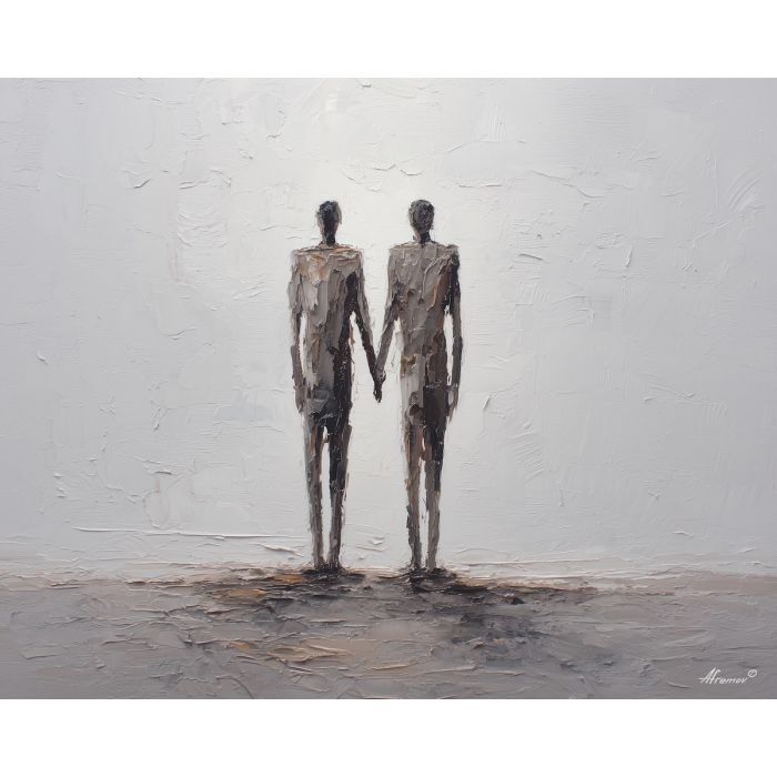 minimal valentine,love theme,faceless couple,abstract figures,palette knife,oil painting,impasto,thick paint,textured surface,minimal art,intimacy,togetherness,clean composition,modern painting,emotional restraint,visual simplicity,contemporary fine art