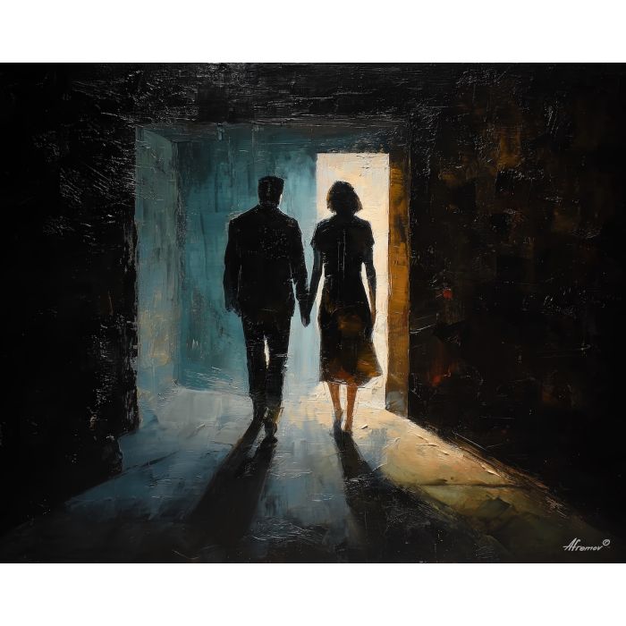 dark valentine,love theme,shadow couple,romantic silhouettes,palette knife,oil painting,impasto,thick paint,textured surface,moody art,intimacy,connection,faceless figures,night scene,emotional art,expressive surface,atmospheric painting,modern fine art