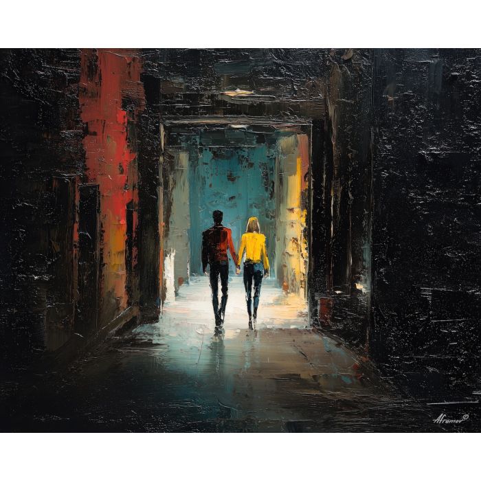 dark valentine,love theme,shadow couple,romantic silhouettes,palette knife,oil painting,impasto,thick paint,textured surface,moody art,intimacy,connection,faceless figures,night scene,emotional art,expressive surface,atmospheric painting,modern fine art