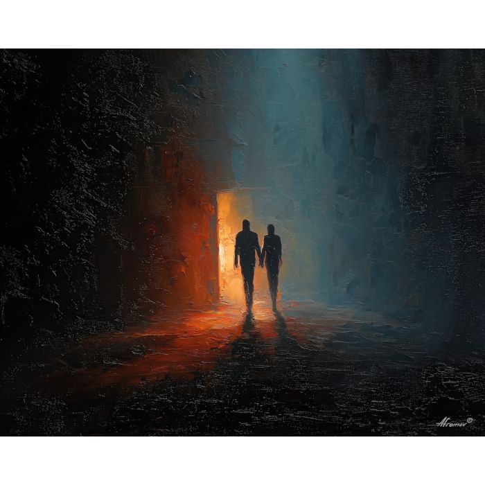 dark valentine,love theme,shadow couple,romantic silhouettes,palette knife,oil painting,impasto,thick paint,textured surface,moody art,intimacy,connection,faceless figures,night scene,emotional art,expressive surface,atmospheric painting,modern fine art