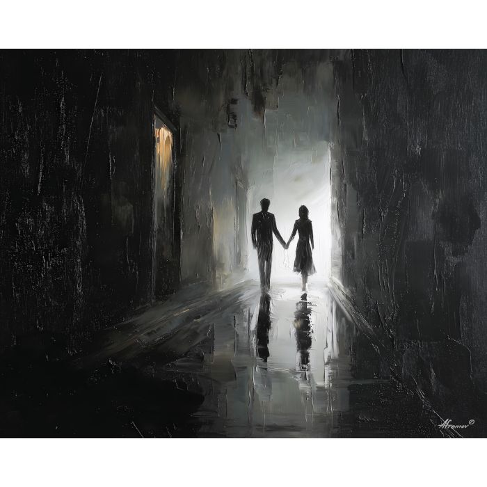 dark valentine,love theme,shadow couple,romantic silhouettes,palette knife,oil painting,impasto,thick paint,textured surface,moody art,intimacy,connection,faceless figures,night scene,emotional art,expressive surface,atmospheric painting,modern fine art