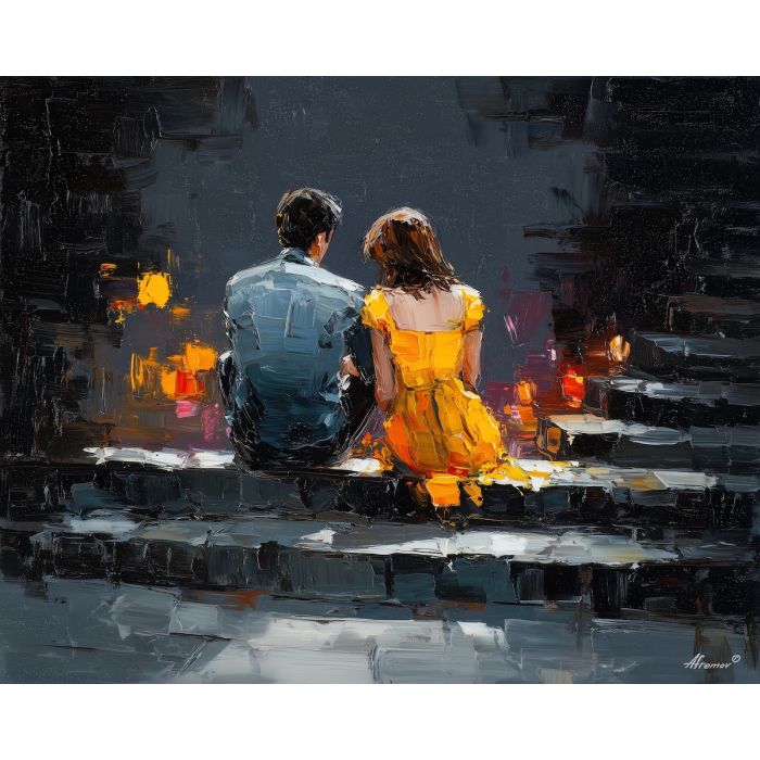 dark valentine,love theme,shadow couple,romantic silhouettes,palette knife,oil painting,impasto,thick paint,textured surface,moody art,intimacy,connection,faceless figures,night scene,emotional art,expressive surface,atmospheric painting,modern fine art