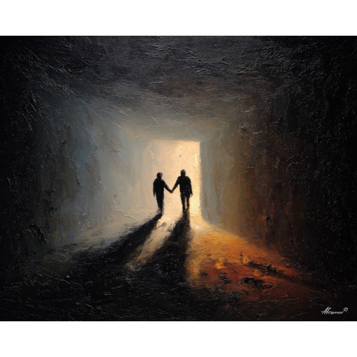 dark valentine,love theme,shadow couple,romantic silhouettes,palette knife,oil painting,impasto,thick paint,textured surface,moody art,intimacy,connection,faceless figures,night scene,emotional art,expressive surface,atmospheric painting,modern fine art