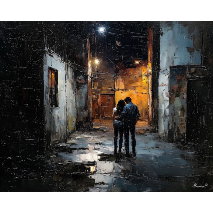 dark valentine,love theme,shadow couple,romantic silhouettes,palette knife,oil painting,impasto,thick paint,textured surface,moody art,intimacy,connection,faceless figures,night scene,emotional art,expressive surface,atmospheric painting,modern fine art