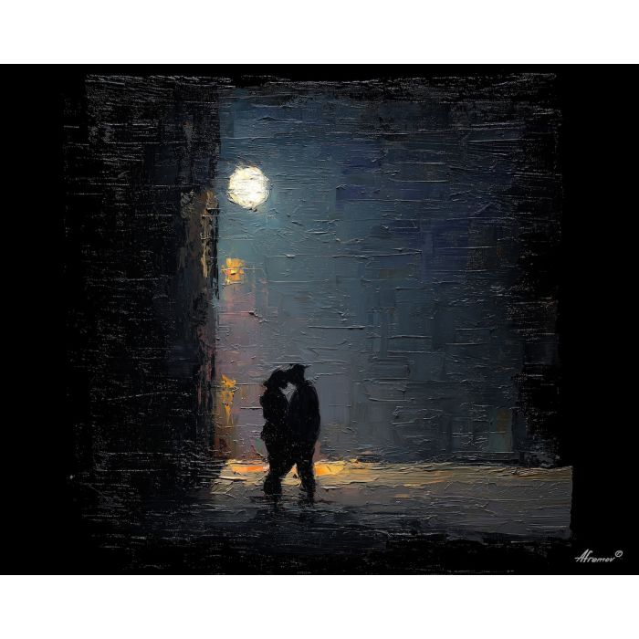 dark valentine,love theme,shadow couple,romantic silhouettes,palette knife,oil painting,impasto,thick paint,textured surface,moody art,intimacy,connection,faceless figures,night scene,emotional art,expressive surface,atmospheric painting,modern fine art