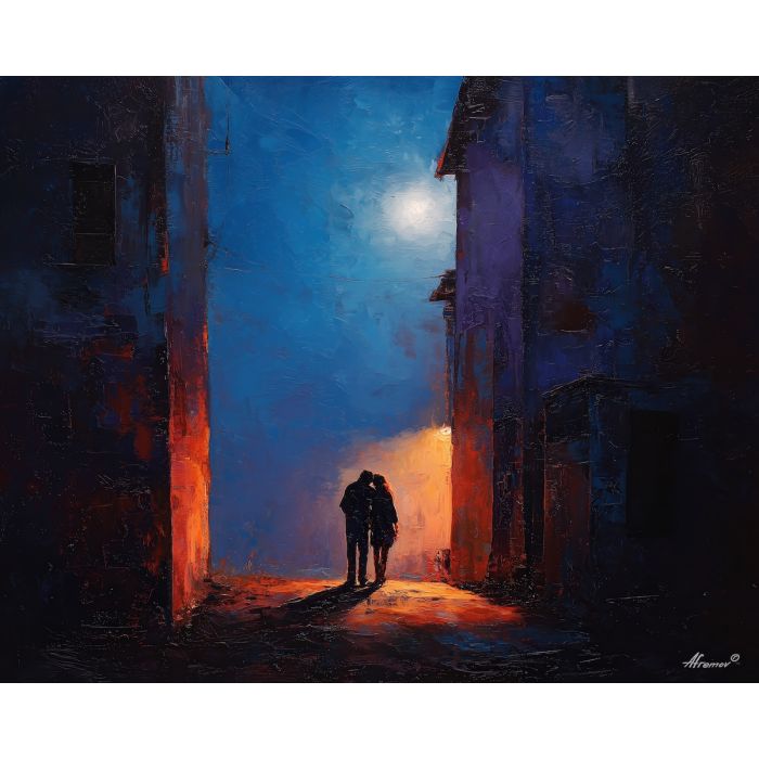 dark valentine,love theme,shadow couple,romantic silhouettes,palette knife,oil painting,impasto,thick paint,textured surface,moody art,intimacy,connection,faceless figures,night scene,emotional art,expressive surface,atmospheric painting,modern fine art
