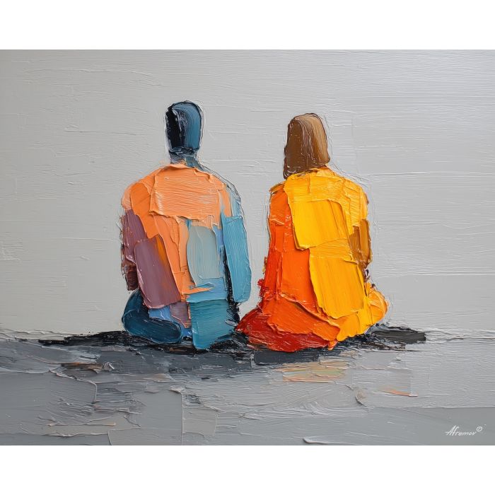 minimal valentine,love theme,faceless couple,abstract figures,palette knife,oil painting,impasto,thick paint,textured surface,minimal art,intimacy,togetherness,clean composition,modern painting,emotional restraint,visual simplicity,contemporary fine art