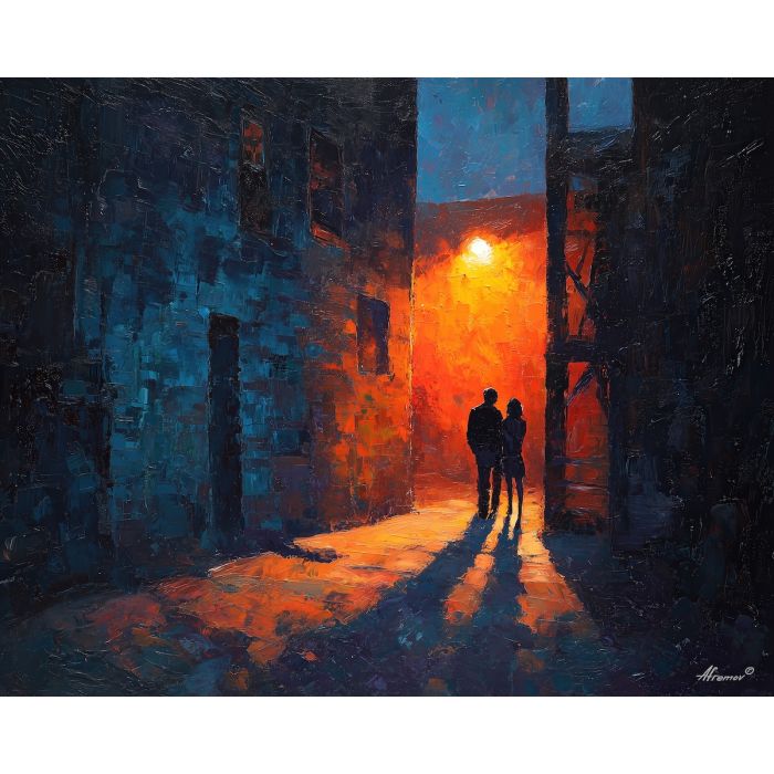 dark valentine,love theme,shadow couple,romantic silhouettes,palette knife,oil painting,impasto,thick paint,textured surface,moody art,intimacy,connection,faceless figures,night scene,emotional art,expressive surface,atmospheric painting,modern fine art