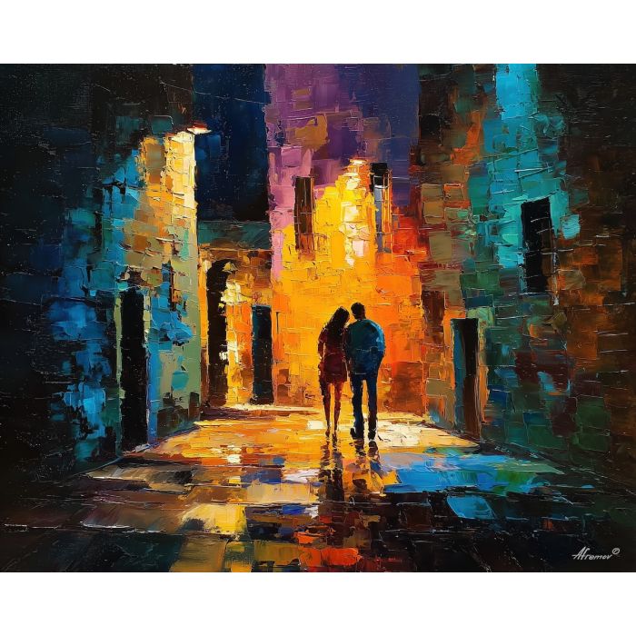 dark valentine,love theme,shadow couple,romantic silhouettes,palette knife,oil painting,impasto,thick paint,textured surface,moody art,intimacy,connection,faceless figures,night scene,emotional art,expressive surface,atmospheric painting,modern fine art