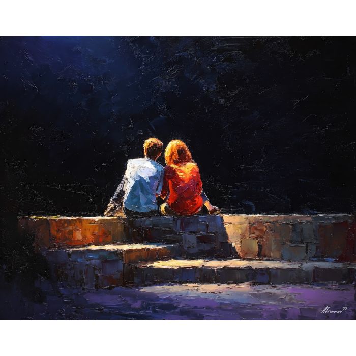 dark valentine,love theme,shadow couple,romantic silhouettes,palette knife,oil painting,impasto,thick paint,textured surface,moody art,intimacy,connection,faceless figures,night scene,emotional art,expressive surface,atmospheric painting,modern fine art