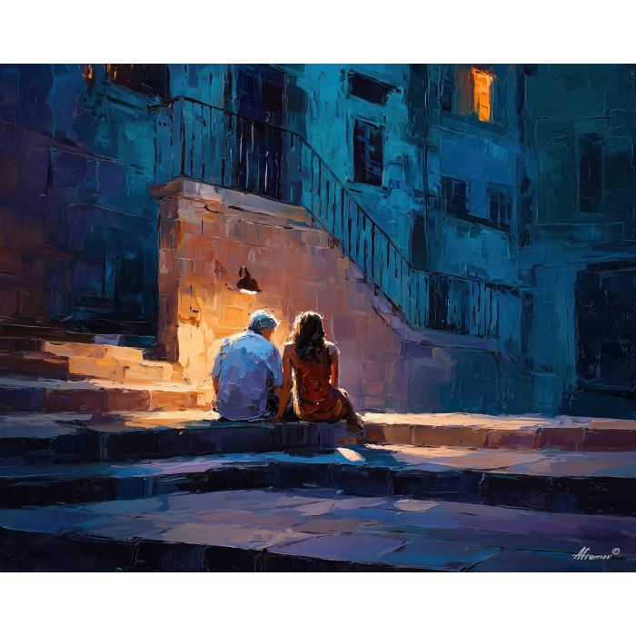 dark valentine,love theme,shadow couple,romantic silhouettes,palette knife,oil painting,impasto,thick paint,textured surface,moody art,intimacy,connection,faceless figures,night scene,emotional art,expressive surface,atmospheric painting,modern fine art