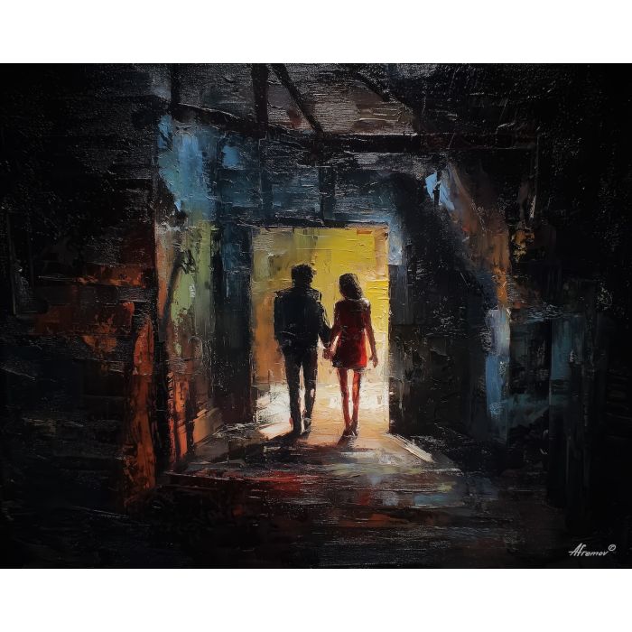 dark valentine,love theme,shadow couple,romantic silhouettes,palette knife,oil painting,impasto,thick paint,textured surface,moody art,intimacy,connection,faceless figures,night scene,emotional art,expressive surface,atmospheric painting,modern fine art